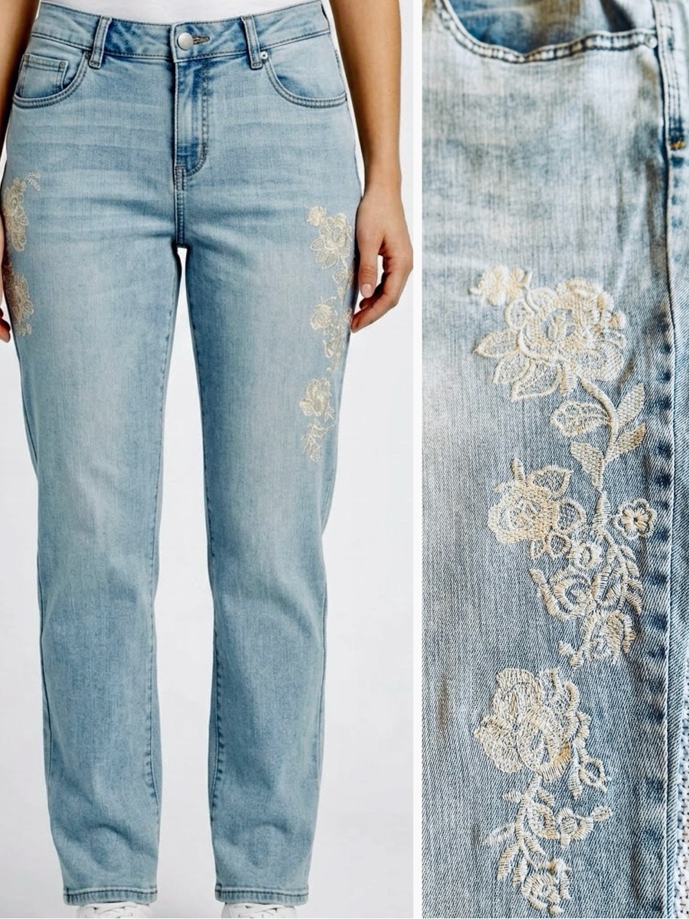 CHICO’S Skimmer Light Blue Straight-Leg Jeans w Ivory Floral Embroidery #109 LHP
